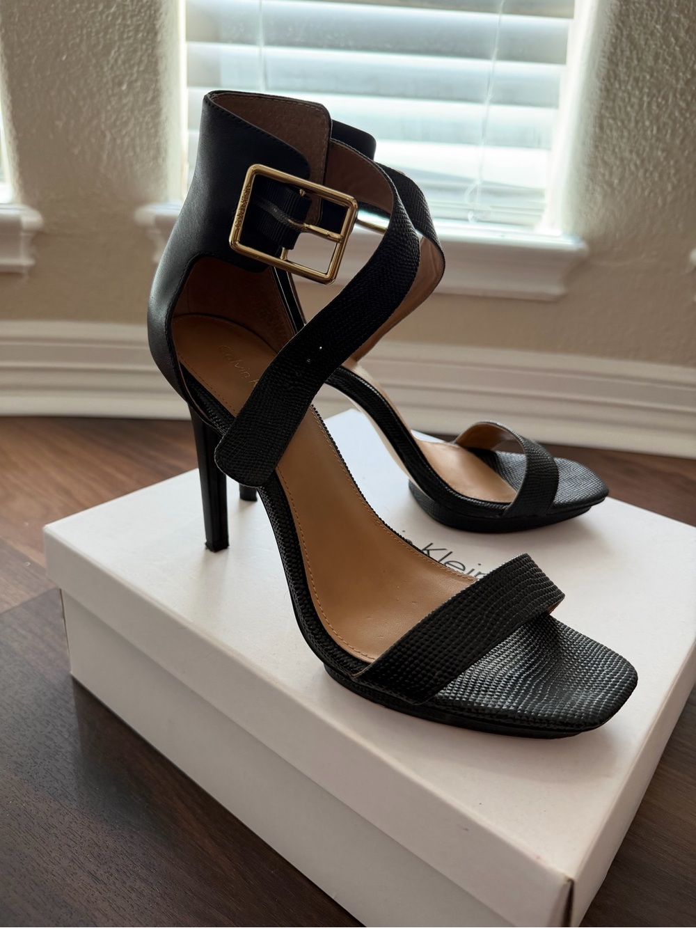 Calvin Klein Black Textured Strap High Heel Sandals with Gold Buckle